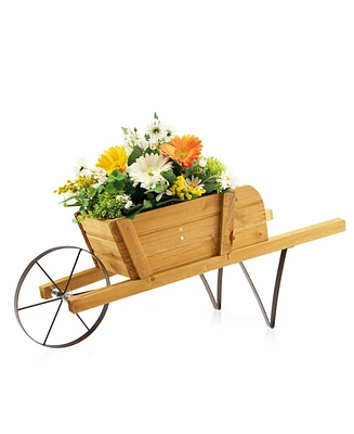 Sugift Wooden Wagon Planter with 9 Magnetic Accessories for Garden Yard-Walnut