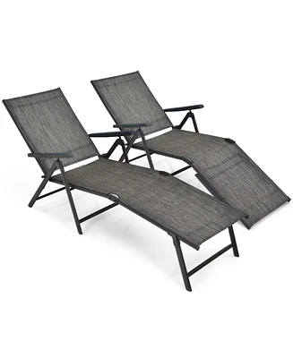 Sugift 2 Pieces Foldable Chaise Lounge Chair with 2-Position Footrest-Gray