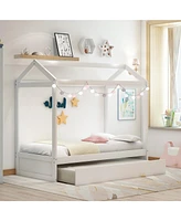 Slickblue Wooden House Bed with Trundle for Kids Space-Saving Design & Sturdy Frame