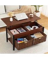 Slickblue Metal Coffee Table with Lifting Top and Hidden Storage, Features 2 Removable Wicker Baskets for Versatile Living Room Use