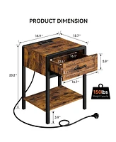 gaomon Nightstand Set of 2 with Charging Station, Retro Side Table with 1 Drawer, Open Storage Shelf