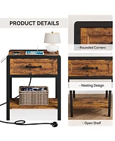 gaomon Nightstand Set of 2 with Charging Station, Retro Side Table with 1 Drawer, Open Storage Shelf