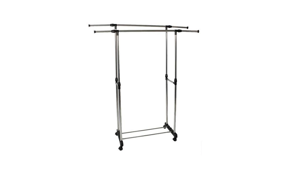 Slickblue Adjustable Dual-Bar Clothes Rack with Vertical & Horizontal Stretch and Shoe Shelf, Silver