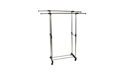 Slickblue Adjustable Dual-Bar Clothes Rack with Vertical & Horizontal Stretch and Shoe Shelf, Silver