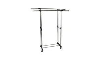 Slickblue Adjustable Dual-Bar Clothes Rack with Vertical & Horizontal Stretch and Shoe Shelf, Silver