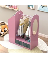 Slickblue Kids Open Hanging Armoire Closet with Mirror, Pink Costume Organizer Rack for Dress-Up Storage