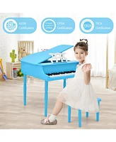 Sugift 30-Key Wood Toy Kids Grand Piano with Bench and Music Rack-Blue