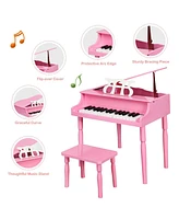 Sugift 30-Key Wood Toy Kids Grand Piano with Bench & Music Rack-Pink