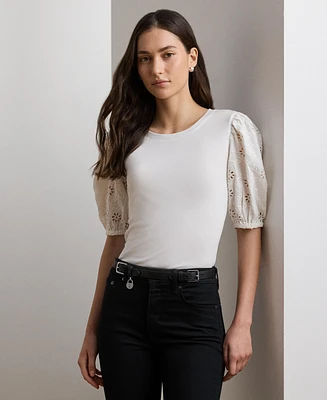 Lauren Ralph Women's Eyelet Jersey Puff-Sleeve Tee