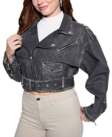 Guess Women's Cropped Belted-Hem Denim Moto Sandy Jacket