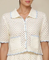 Avec Les Filles Women's Scallop Crochet Short Sleeve Cardigan
