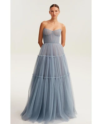 Milla Women's Cloudy Blue Tulle Maxi Dress With Ruffled Skirt, Garden Of Eden