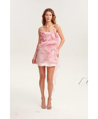 Milla Women's Romantic Ruffled Pink Mini Dress With Rose Appliques, Garden Of Eden