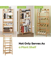 Sugift 4-Tier Bamboo Plant Rack with Guardrails Stable and Space-Saving-Natural