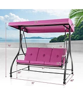 Sugift 3 Seat Outdoor Porch Swing with Adjustable Canopy-Wine