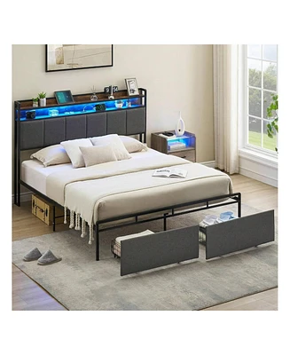 gaomon Bed Frame With 2-Tier Storage Headboard, Upholstered Platform Bed Frame With 2 Storage Drawers, Built In Charging Station & Led, Noise-Free/Met