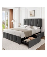 gaomon Bed Frame With Storage Drawers And Headboard, Upholstered Platform Bed Frame With Wooden Slats Support