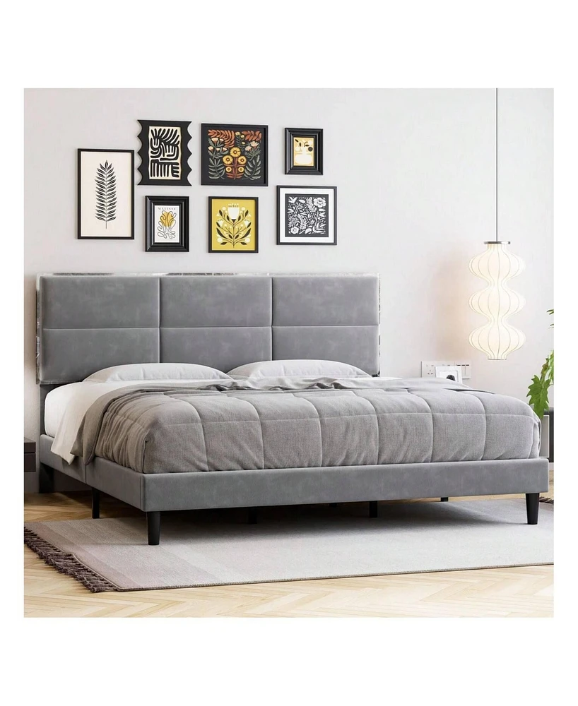 gaomon Full/Queen/King Bed Frame Upholstered Platform, Bed Frame With Square Velvet Headboard, Wooden Slats Support