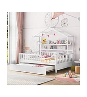 gaomon Full Size House Bed With Twin Size Trundle Wooden Full Size Platform Bed Frame With Storage Shelves For Kids Teens Girls Boys