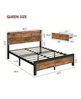 gaomon Full/Queen Bed Frame With 4 Drawers,Bed Frame With Storage, Full Metal Platform Bed Frame With Wood Headboard, Noise Free, No Box Spring Needed
