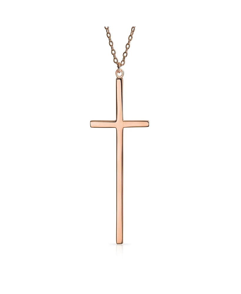 Bling Jewelry Modern Elongated Simple Basic Long Flat Thin Delicate Religious Latin Cross Pendant Necklace Rose Gold Plated .925 Sterling Silver