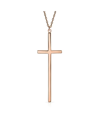Bling Jewelry Modern Elongated Simple Basic Long Flat Thin Delicate Religious Latin Cross Pendant Necklace Rose Gold Plated .925 Sterling Silver