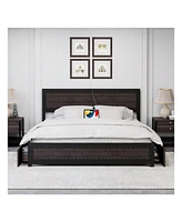 gaomon Full/Queen/King Bed Frame With Headboard,Industrial Platform 4 Storage Drawers And Charge Station,Strong Metal Slats Suppor