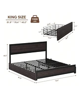 gaomon Full/Queen/King Bed Frame With Headboard,Industrial Platform 4 Storage Drawers And Charge Station,Strong Metal Slats Suppor