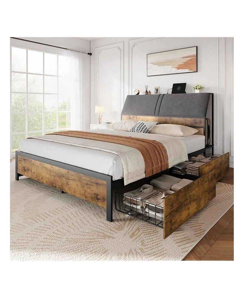 gaomon Full Bed Frame With Charging Station And 4 Storage Drawers, Metal Platform Bed With Ergonomic Large Storage Headboard, Noise-Free, No Box Sprin