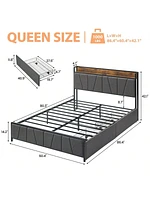 gaomon Twin/Full/Queen/King Size Bed Frame With 2 Storage Drawers And Charging Station, Rustic Linen Upholstered Platform Bedframe With Storage Headbo