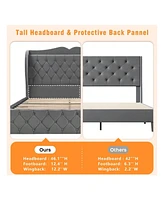 gaomon Bed Frame With Charging Station And 4 Storage Drawers, Velvet Upholstered Tall Tufted Wingback Headboard And Storage Shelf