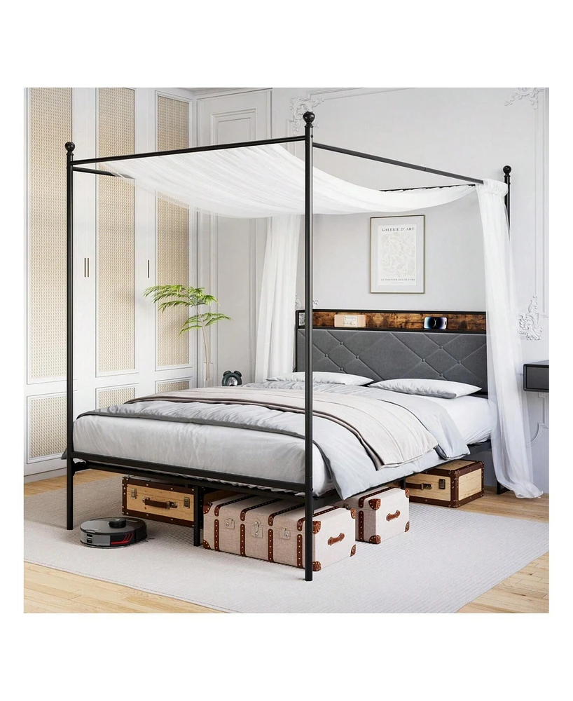 gaomon Queen Size Canopy Bed Frame With Charging Station, Metal Bed Frame With Padded Headboard And 4" Storage Platform,11" Of Under Bed Space, No Box