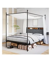 gaomon Queen Size Canopy Bed Frame With Charging Station, Metal Bed Frame With Padded Headboard And 4" Storage Platform,11" Of Under Bed Space, No Box