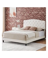 gaomon Upholstered Bed Frame With Adjustable Headboard, Faux Leather Platform Bed Queen Size, Button Tufted Design, Wooden Slat Support, No Box Spring