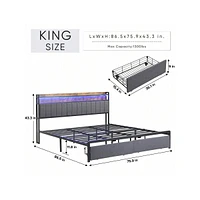 gaomon Full Size Bed Frame With Storage Headboard, 2 Drawers, Charging Station Led Upholstered Bed Frame, No Box Spring Needed Platform Bed Frame For