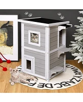 Gouun 2-Story Wooden Cat House with Escape Door Rainproof