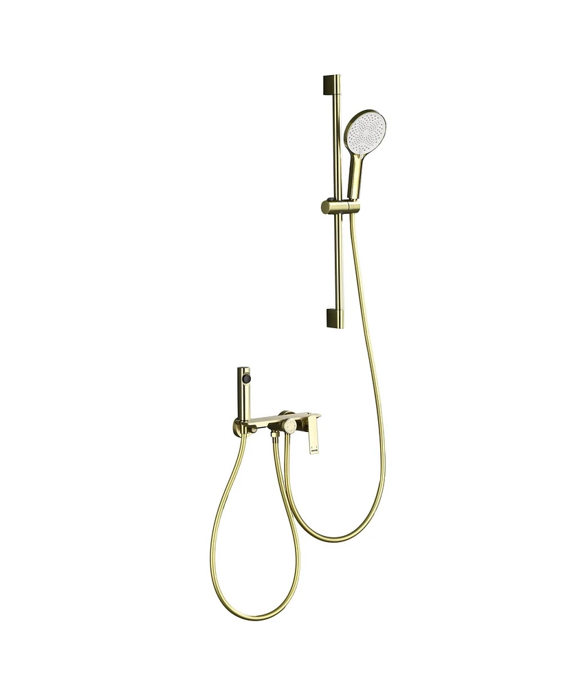 Mondawe Brushed Gold 3-Functiom Tub and Shower Faucet with Rough-in Value and Handheld Spray