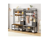 gaomon 5-in-1 Coat Rack, Hall Tree with Bench and Shoe Storage, Freestanding Entryway Bench with 5-Tier Open Shelves, Fabric Storage Basket and 12 Hoo