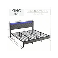 gaomon Full Size Bed With Storage Headboard, Charging Station And Led Lights, Upholstered Platform Bed Frame With Metal Slats, Noise Free