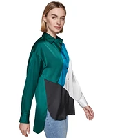 Karl Lagerfeld Paris Women's Colorblocked Satin Button-Front Top