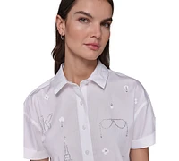 Karl Lagerfeld Paris Women's Embellished Poplin Button-Front Top