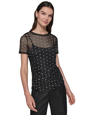 Karl Lagerfeld Paris Women's Embellished Mesh Crewneck Top