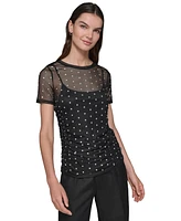 Karl Lagerfeld Paris Women's Embellished Mesh Crewneck Top