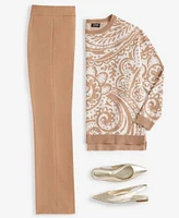 Jones New York Womens Paisley High Low Boat Neck Sweater Nyc Compression Bootcut Pull On Pants