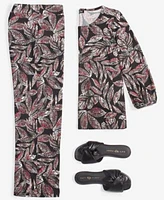 Jones New York Womens Printed Moss Crepe Button Shoulder Top Wide Leg Pull On Pants