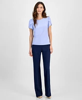 Ak Anne Klein Petite Gathered-Tulip Short-Sleeve Top