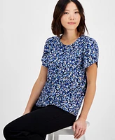 Ak Anne Klein Petite Gathered-Tulip Short-Sleeve Printed Top