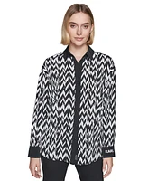 Karl Lagerfeld Paris Women's Printed Contrast-Trim Button-Front Top