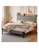 gaomon Full/Queen/King Size Bed Frame With Charging Station, Led Bed Frame With Storage Headboard, Upholstered Platform Bed Frame