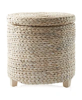 Casafield 17" Round Storage Ottoman with Lid - Whitewash, Handwoven Footstool for Living Room, Bedroom, Bathroom, Home Office